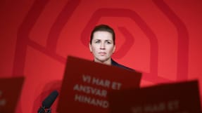 Mette Frederiksen, Denmarks Prime Minister and leader of the Social Democrats party, looks on during an election party following the exit polls of the parliamentary elections, at the Parliament in Copenhagen, Denmark, March 25, 2026. REUTERS/Leonhard Foeger TPX IMAGES OF THE DAY