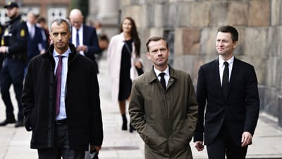 Udl&aelig;ndinge- og integrationsminister Mattias Tesfaye (tv.) overtager ministerposterne fra besk&aelig;ftigelsesminister og minister for ligestilling Peter Hummelgaard (i midten), mens sidstn&aelig;vnte holder for&aelig;ldreorlov. Her ses de sammen med uddannelses- og forskningsminister Jesper Petersen til Folketingets &aring;bning tirsdag.