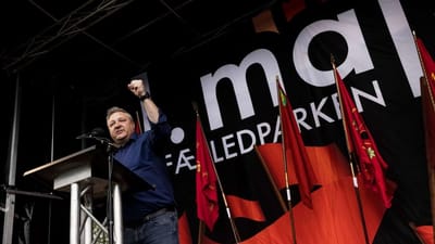 3F's formand Henning Overgaard indtog talerstolen under klapsalver fra publikum, der n&oslash;d en lun eftermiddag p&aring; det gr&oslash;nne gr&aelig;s med r&oslash;de faner blafrende.