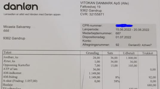 L&oslash;nseddel for den argentinske s&aelig;sonarbejder Micaele Salvarrey.