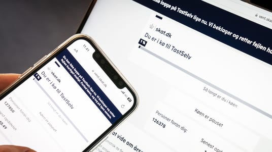 Affotografering af skat.dk på computer, hvor tusindvis af borgere er i kø for at se deres årsopgørelse, fredag den 10. marts 2023. Den officielle åbningsdag er mandag den 13. marts, men tidligere år har Skattestyrelsen åbnet årsopgørelsen fredagen inden.. (Foto: Mads Claus Rasmussen/Ritzau Scanpix)