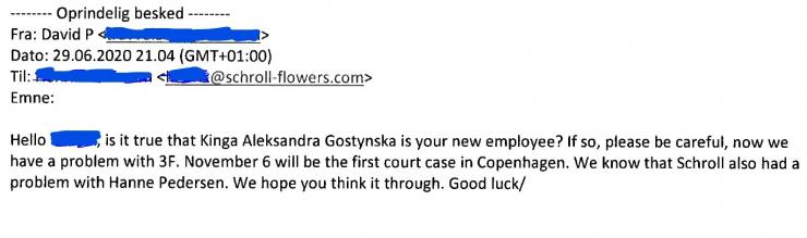 E-mail fra Goskov til en manager på gartneriet Schroll om en polsk 3F'er og en faglig sekretær hos 3F Østfyn, som havde rejst en sag imod Goskov. 