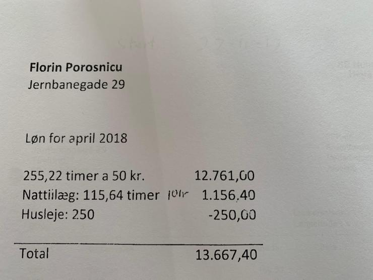 Lønopgørelse fra Hejrskov Mælk ApS til Florin Porosnicu for april 2018.