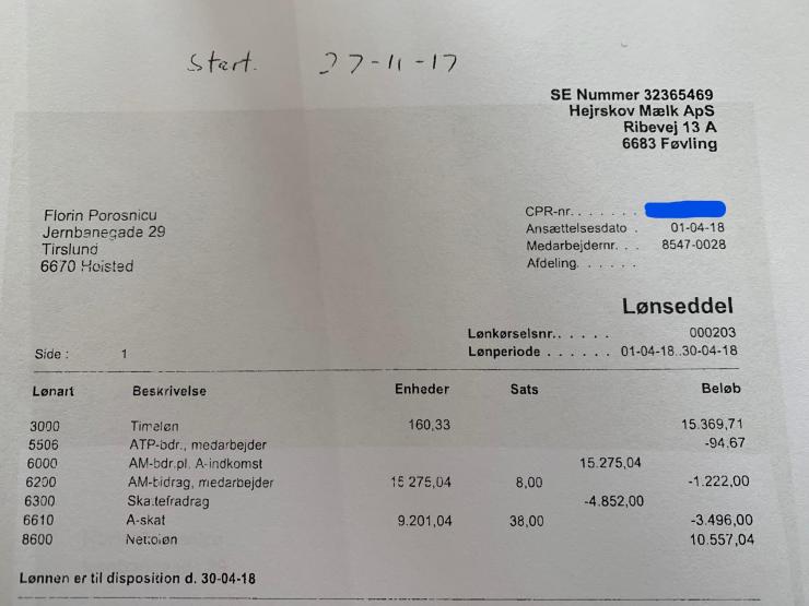 Officiel lønseddel fra Hejrskov Mælk ApS vedrørende Florin Porosnicu.