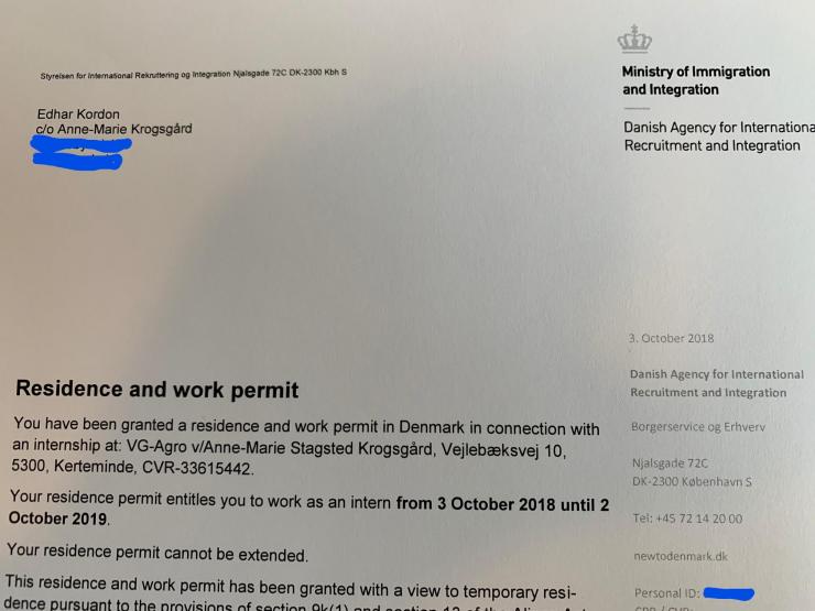 3. oktober 2018 fik Edhar Kordon tilladelse til at arbejde i Danmark. 