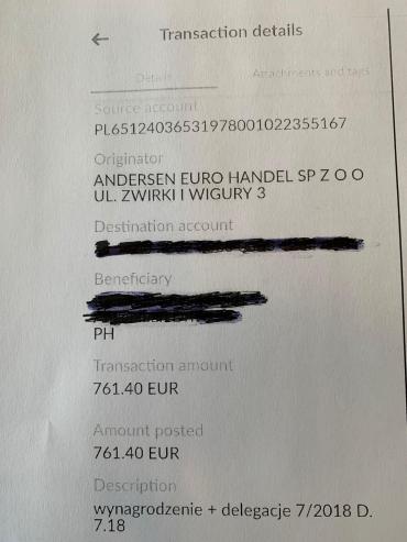 Bankoverførsel af 761 euro fra AEH til en filippinsk medarbejder.