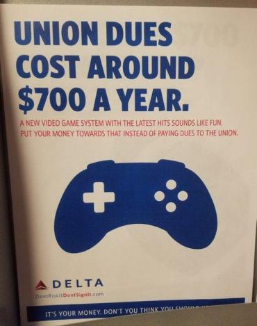 Medlemsskab af fagforeningen eller et computerspil? Det burde være et nemt valg, mener flyselskabet Delta Airlines.