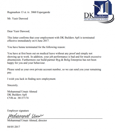Yasir Dawwods fyressedel fra DK Builders hvor det tydeligt fremgår, at han nok skal få tilsendt sin løn. 