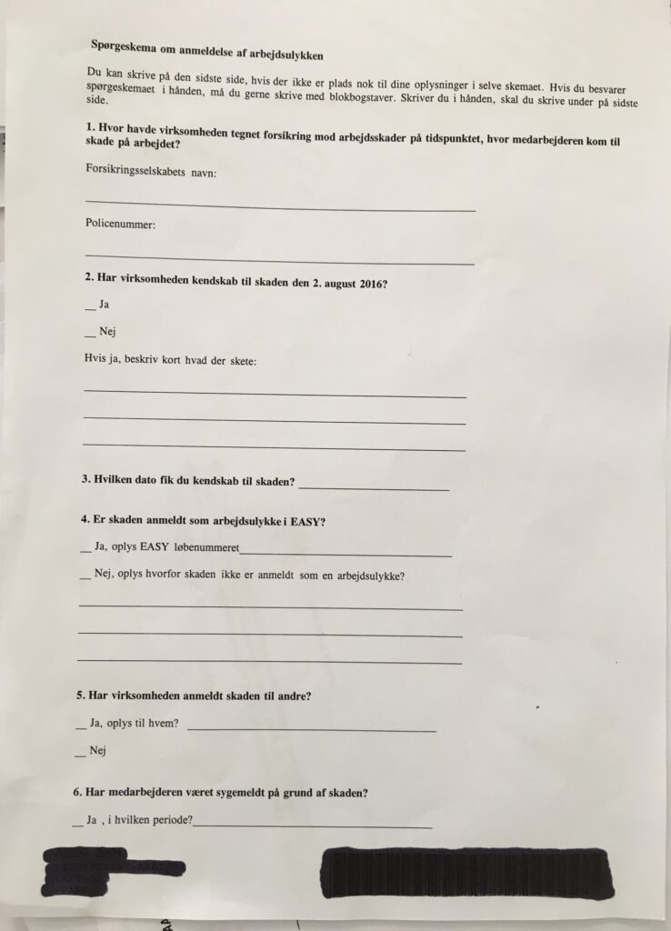 Det er dette standard spørgeskema fra Arbejdsmarkedets Erhvervssikring, som L.J. Montage trods flere rykkere ikke har svaret på.