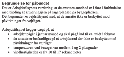 Fra Arbejdstilsynets kontrolrapport.