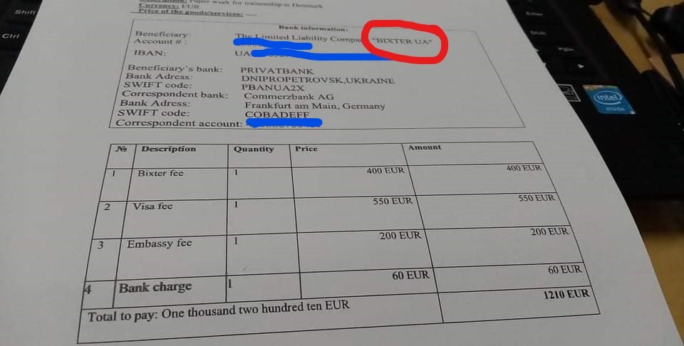 Faktura fra Bixter til en af kvinderne.