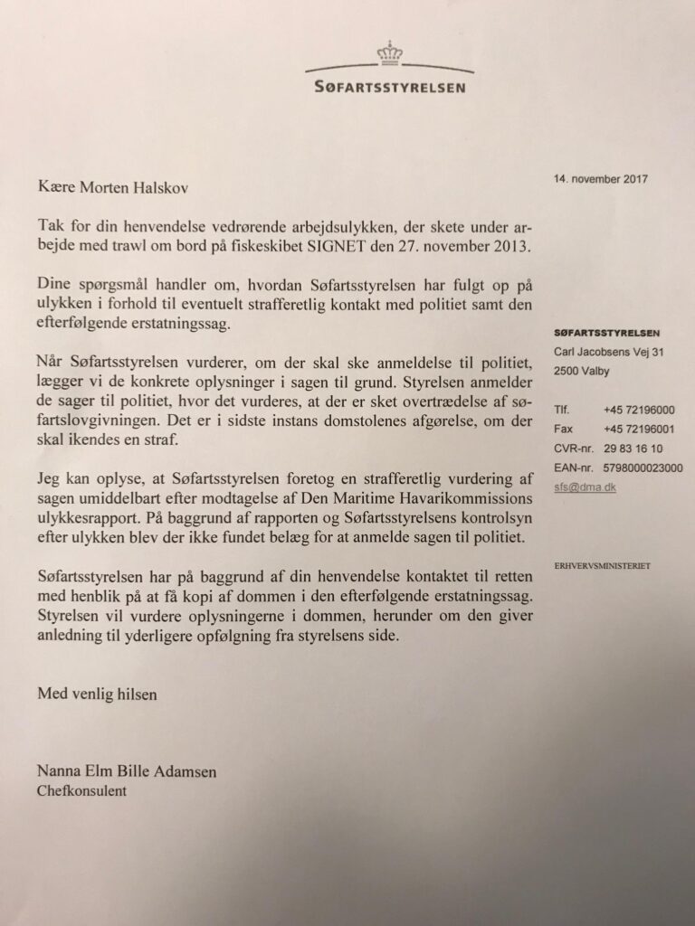 Brev fra Søfartsstyrelsen til Fagbladet 3F.