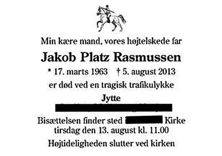 Familiens dødsannoce efter Jakob Platz Rasmussens arbejdsulykke