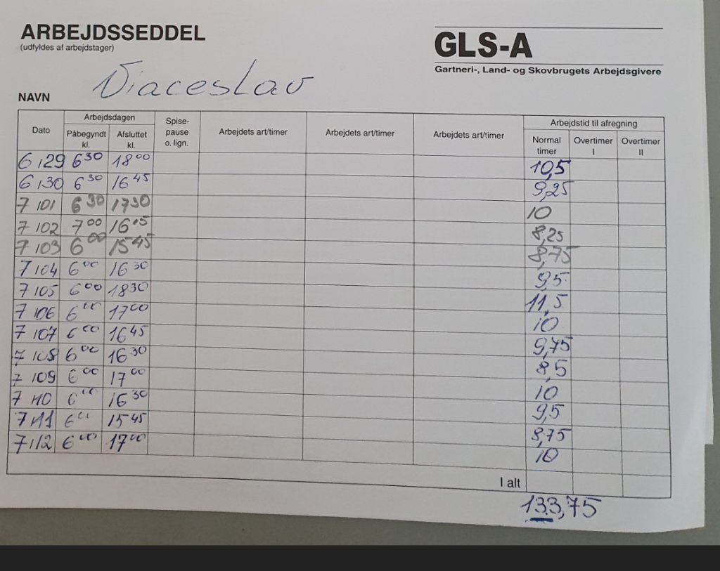 Her er den litauiske mands timeopgørelse på 133,75 timer - og ikke 89,50 timer.