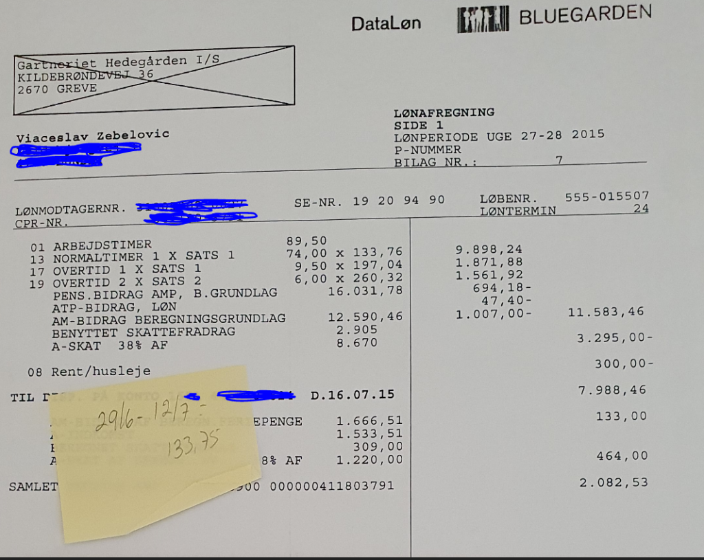 Ifølge lønsedlen skulle Viaceslav Zebelovic have arbejdet 89,5 timer på to uger. Men den gule post-it-seddel viste, at litaueren faktisk havde arbejdet 133,75 timer.