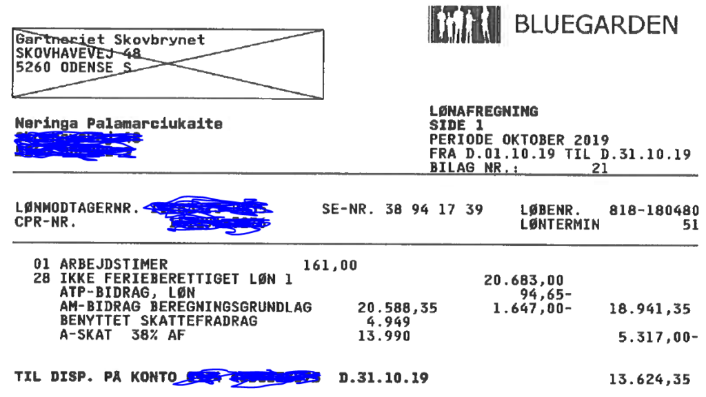 I maj 2015 blev Neringa Saldauskiene ansat til en månedsløn på 20.683 kroner. I oktober 2019 fik hun stadig det samme i løn.