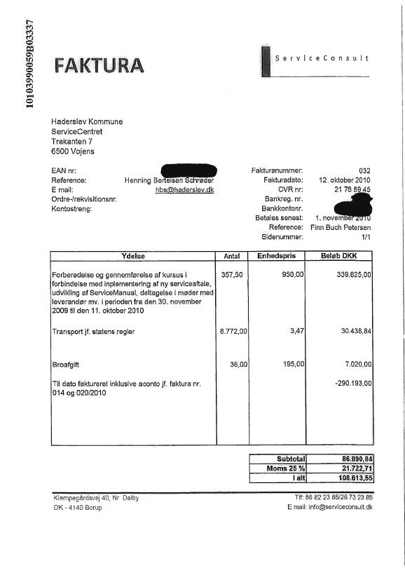 Faktura fra ServiceConsult til Haderslev Kommune
