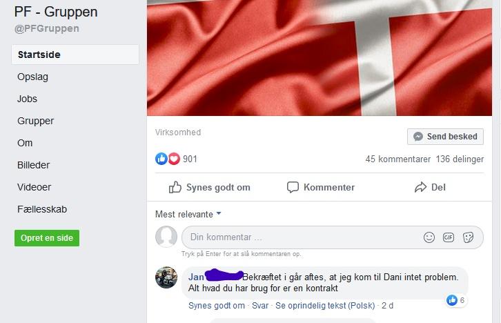 Opslag på PF Gruppens Facebook-side med kommentar fra 17. marts.