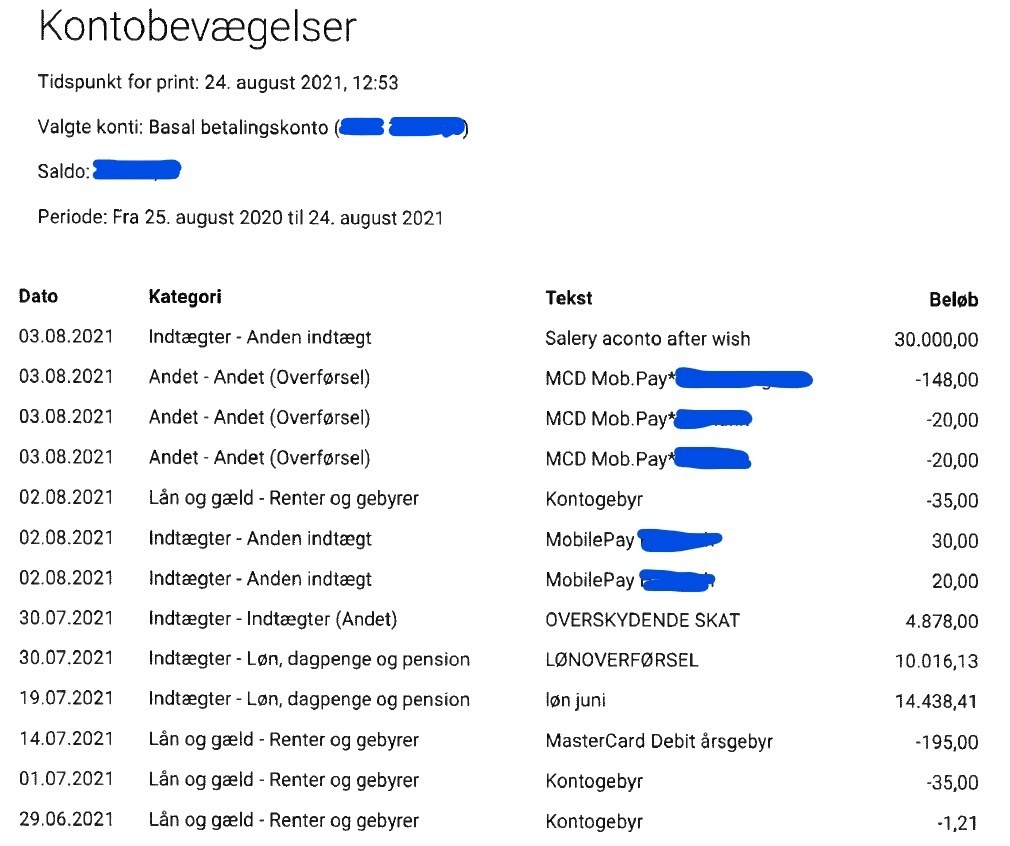 Hele Nguyễn Nhung' kontoudskrift fra 25. august 2020 til 24. august 2021. 