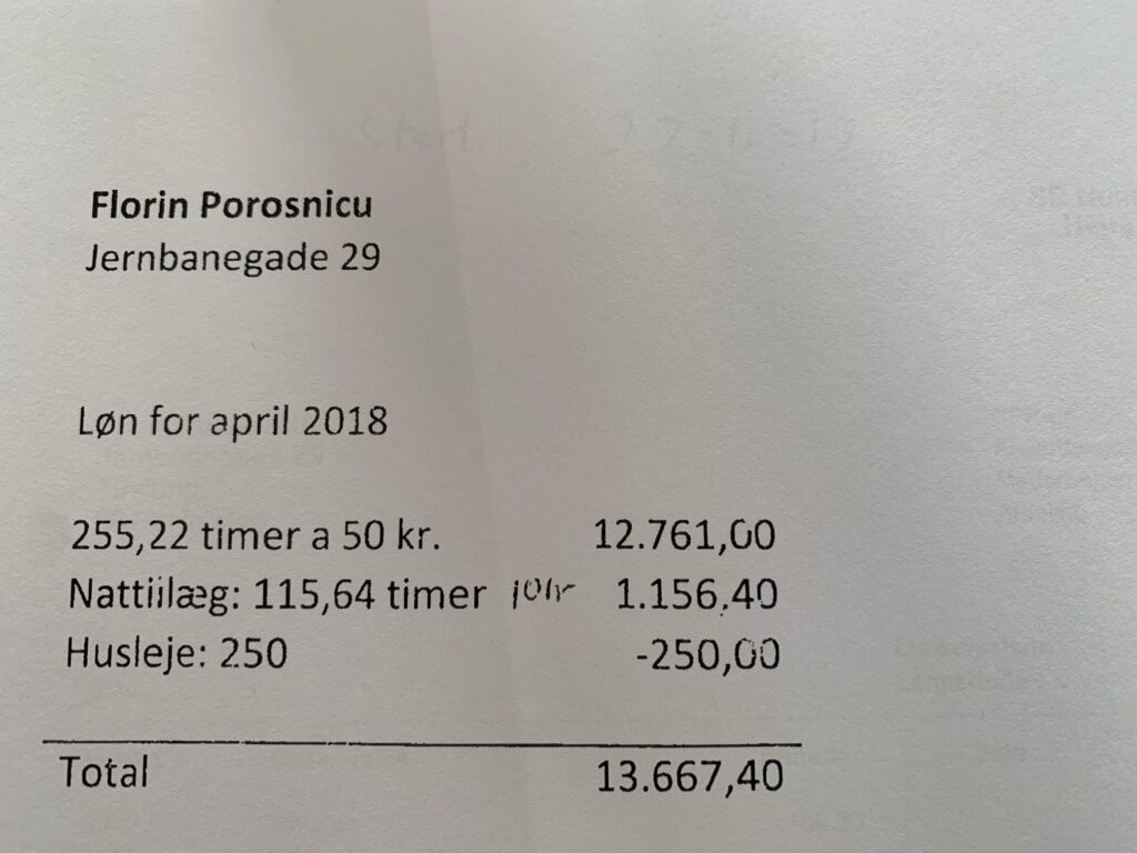 Lønopgørelse fra Hejrskov Mælk ApS til Florin Porosnicu for april 2018.