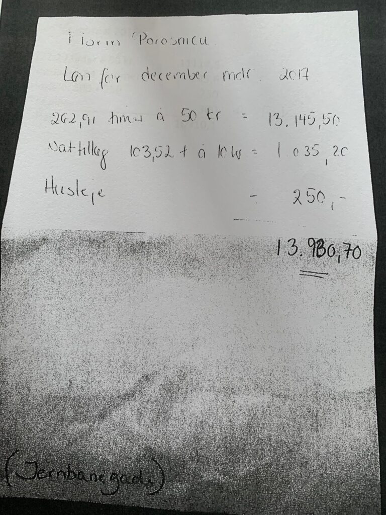 Lønopgørelse fra Hejrskov Mælk ApS til Florin Porosnicu for december 2017.