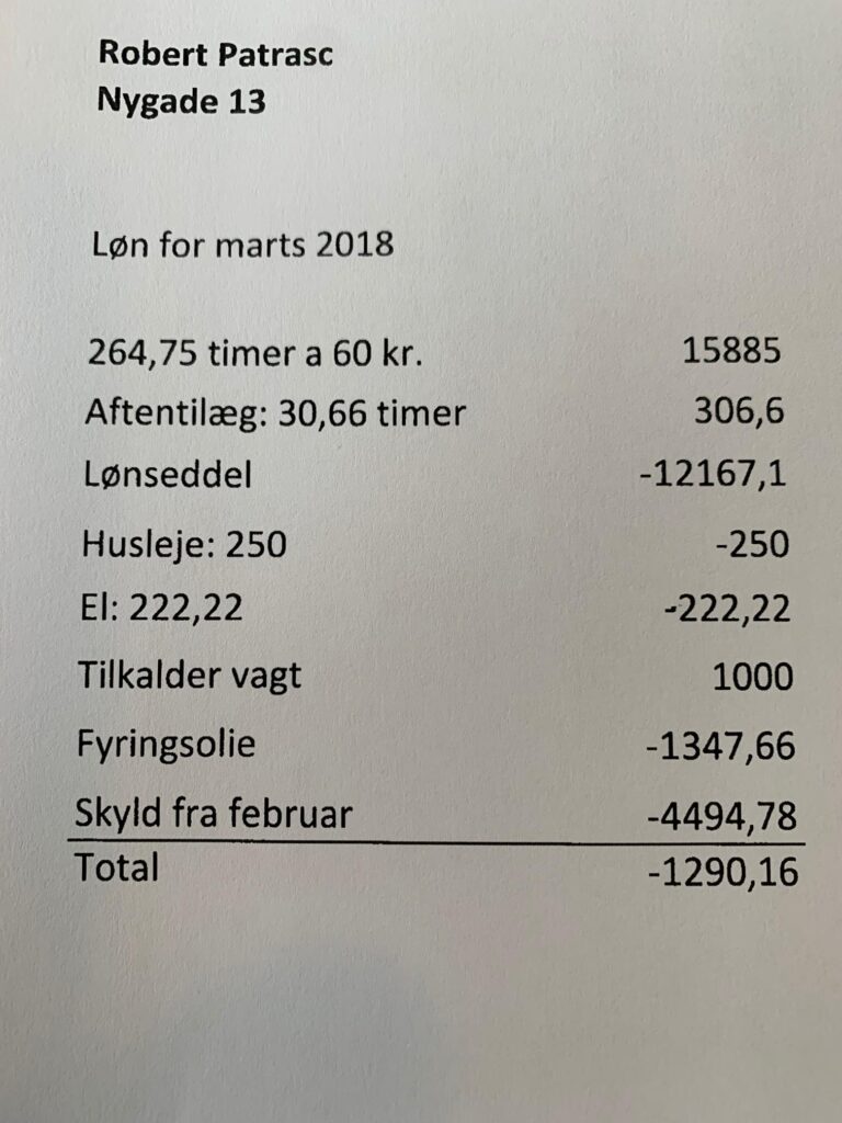 Lønopgørelse fra Hejrskov Mælk ApS til Robert Patrasc.