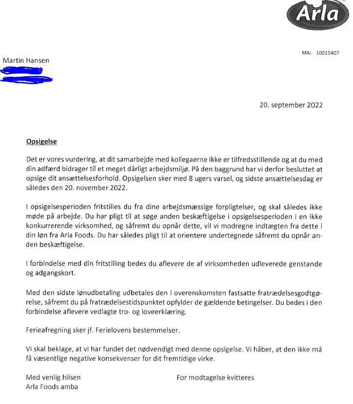 Arla fyrede chauffør og formand for personaleforeningen Martin Hansen 20. september 2022.