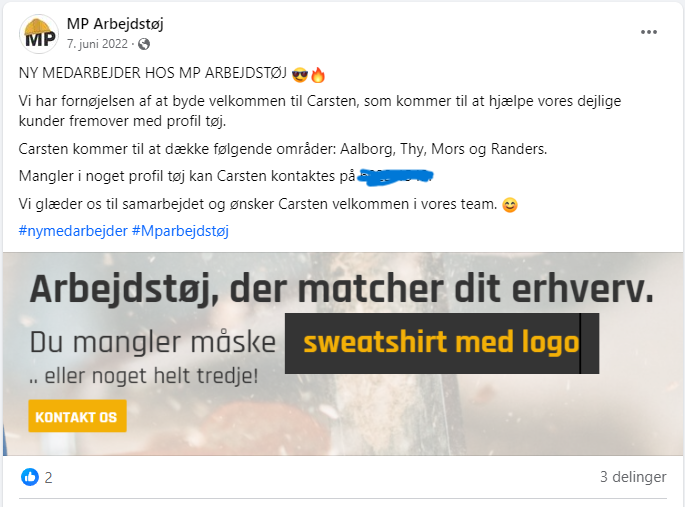 MP Arbejdstøj skrev 7. juni 2022 på virksomhedens Facebook-side, at den havde fået en ny medarbejder - Carsten.