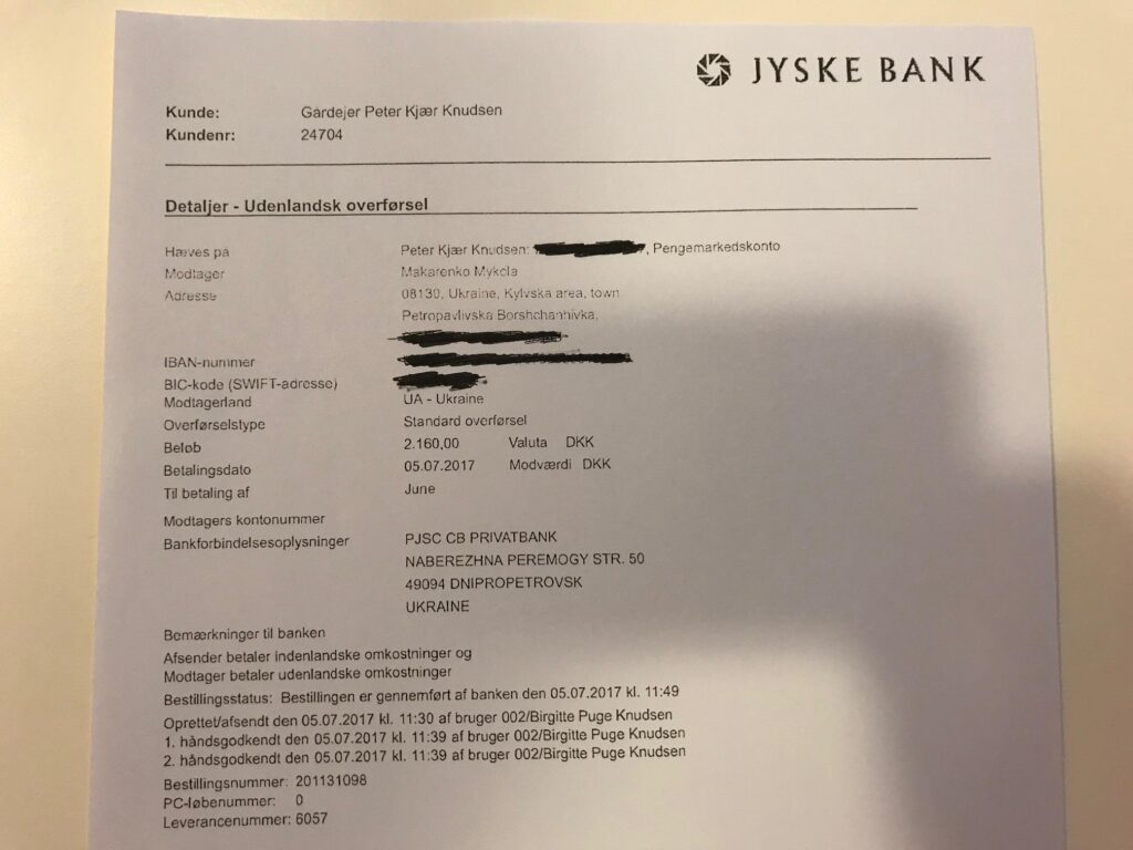 Kopi af bankoverførsel 5. juli 2017 fra landmand Peter Kjær Knudsen til ukrainske Mykola Makarenko.