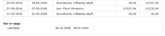 Udskrift fra Florin Porosnicus bankkonto i Jyske Bank.